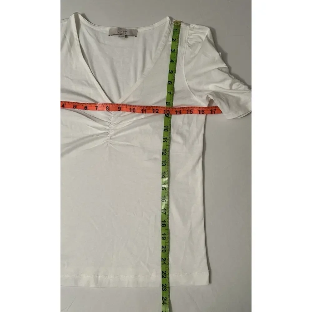 Loft White Ruched V-Neck Puff Sleeve White Shirt Size XS Balletcore Coquette